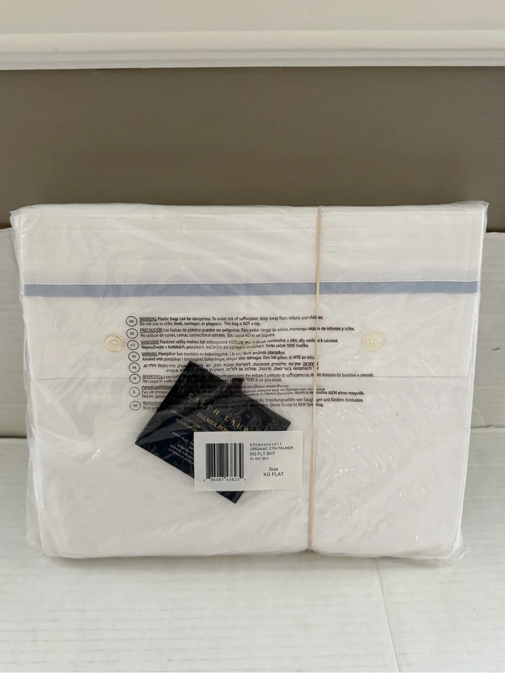 RALPH LAUREN Home Percale Palmer sky Blue Flat Sheet NEW King Organic Cotton